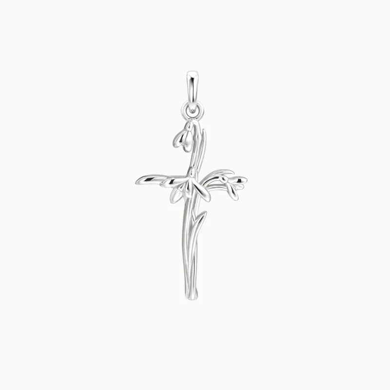 14K Solid Gold Snowdrop Birth Flower Cross Pendant made by Vanimy Jewelry