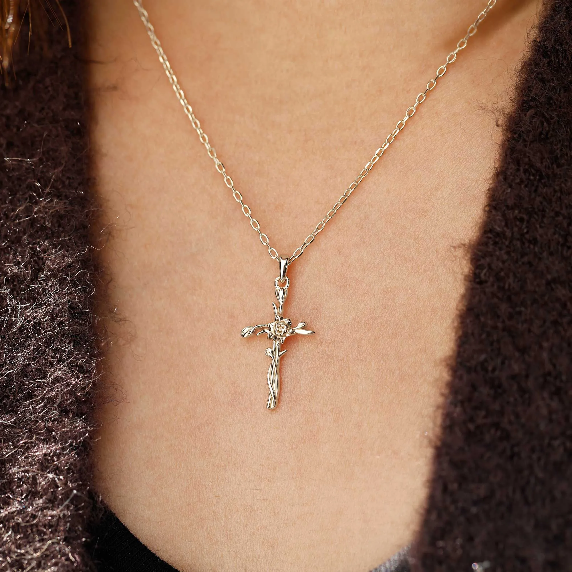 14K Solid Gold Daffodil Floral Cross Pendant sold by Vanimy Jewelry product image thumbnail 2