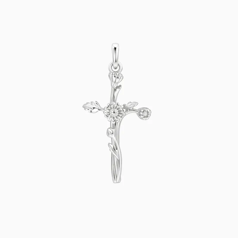 14K Solid Gold Daisy Floral Cross Pendant made by Vanimy Jewelry