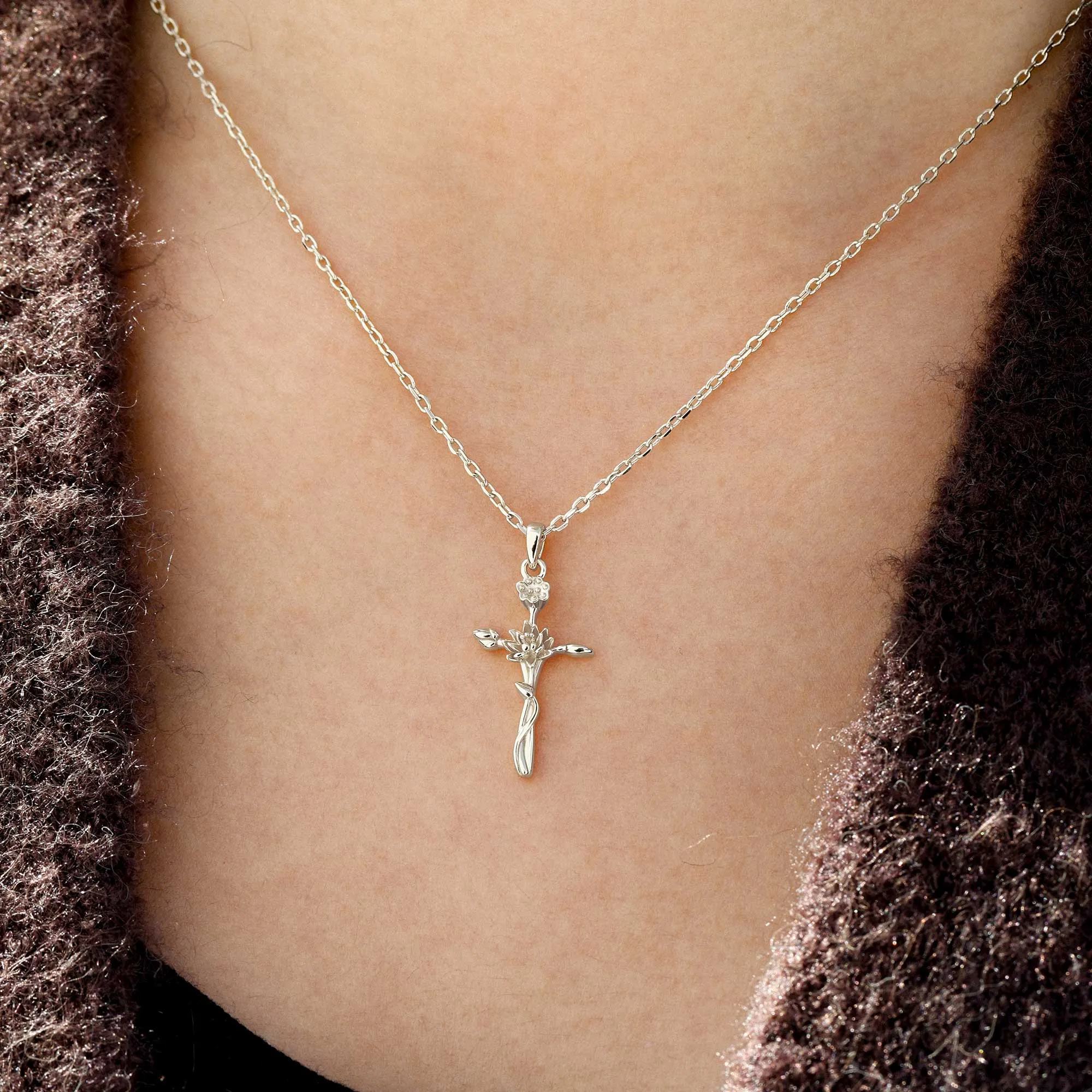 14K Solid Gold Water Lily Floral Cross Pendant sold by Vanimy Jewelry product image thumbnail 2