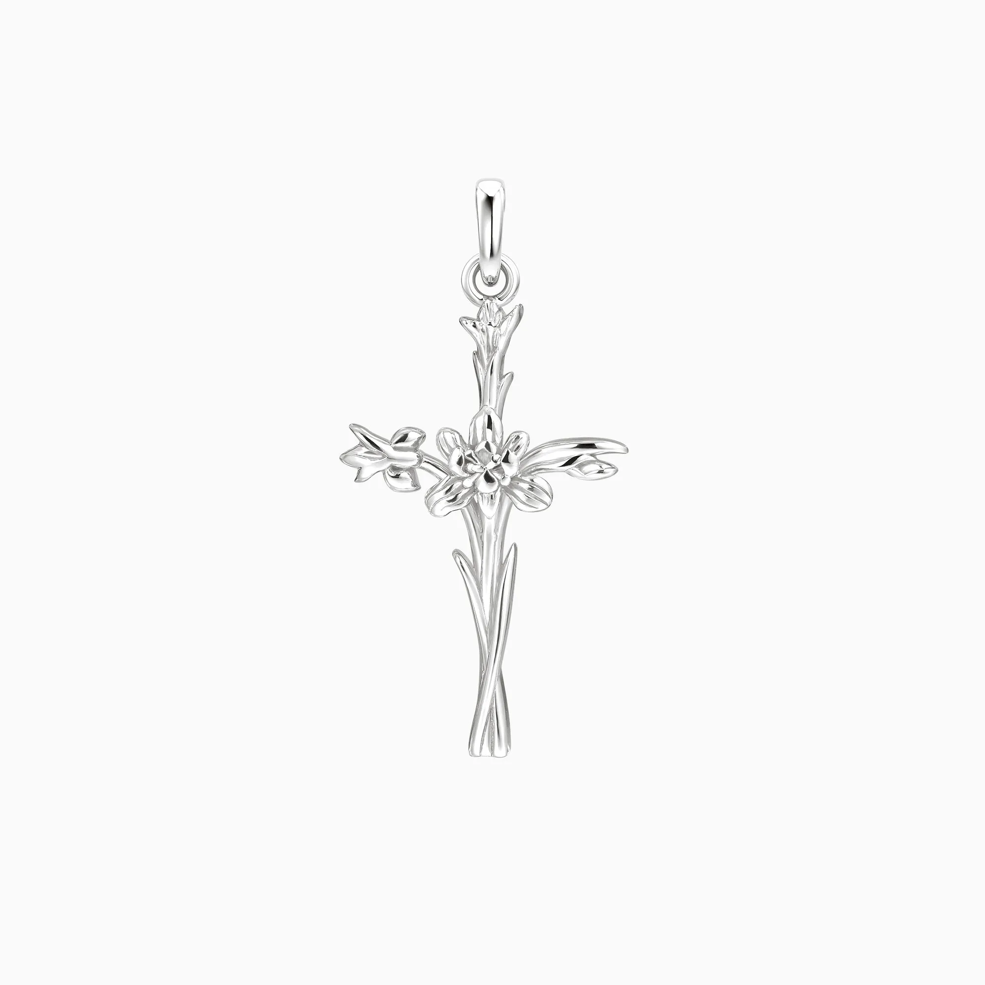 Solid Gold Iris Floral Cross Pendant sold by Vanimy Jewelry