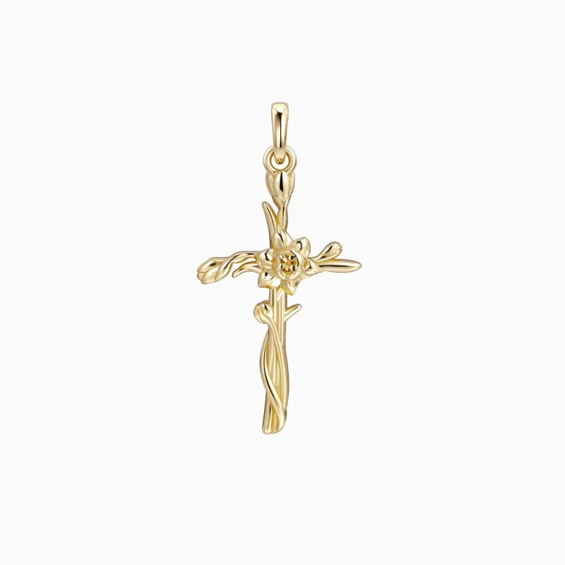 Solid Gold Daffodil Floral Cross Pendant made by Vanimy Jewelry