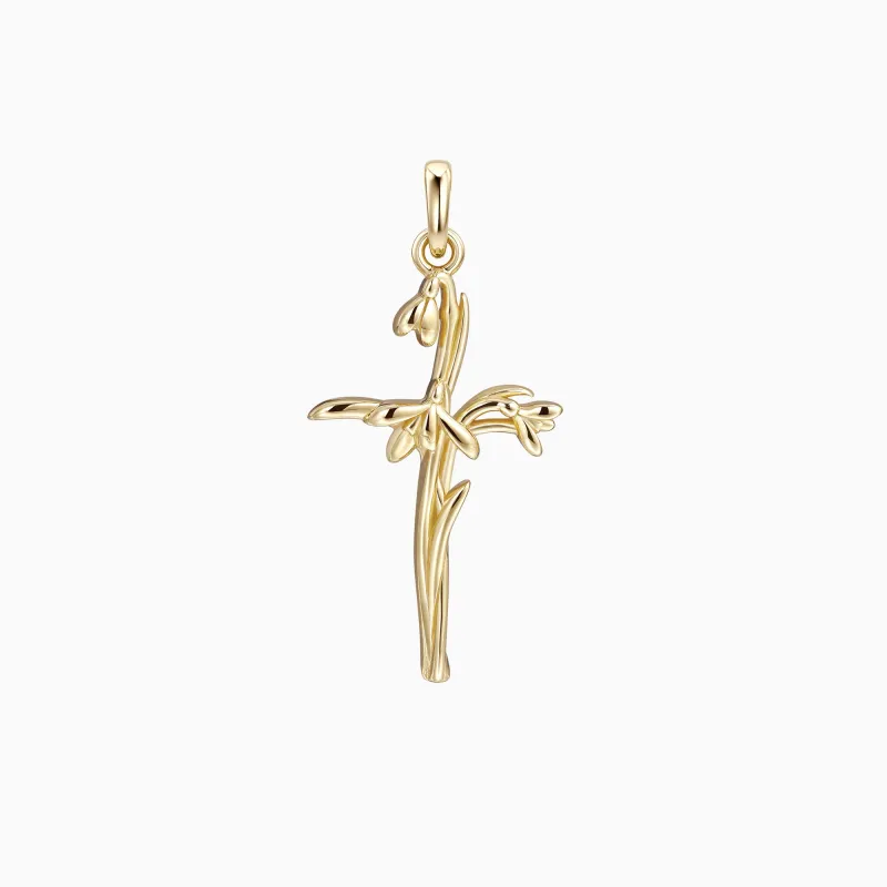 Solid Gold Snowdrop Birth Flower Cross Pendant made by Vanimy Jewelry