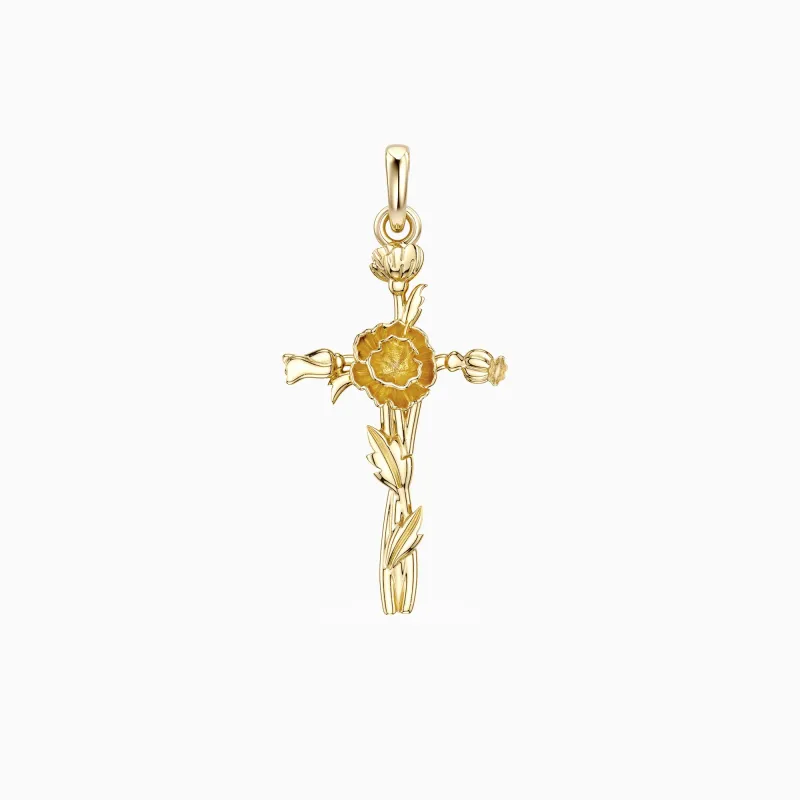Solid Gold Poppy Floral Cross Pendant made by Vanimy Jewelry