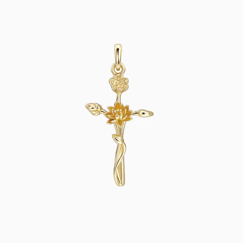 Solid Gold Water Lily Floral Cross Pendant made by Vanimy Jewelry