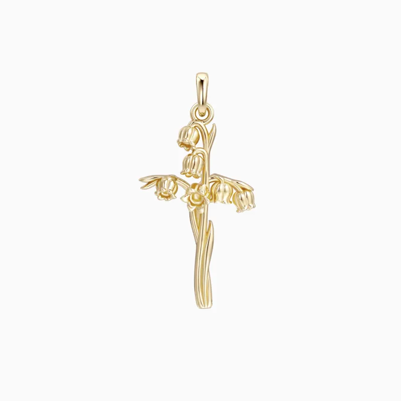 Solid Gold Lily of the Valley Floral Cross Pendant made by Vanimy Jewelry