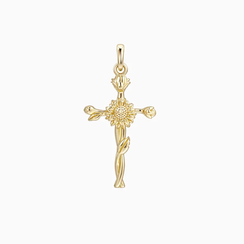 Solid Gold Sunflower Floral Cross Pendant made by Vanimy Jewelry