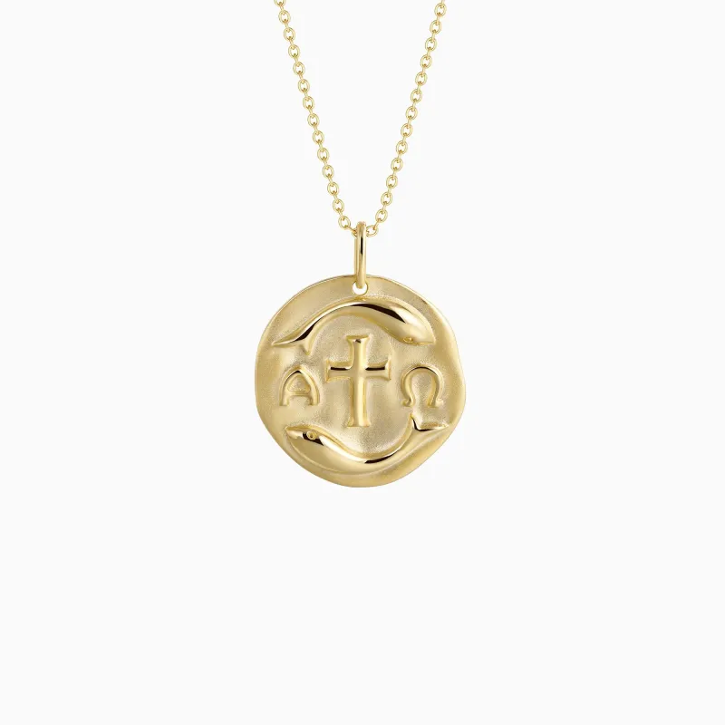 Gold Vermeil Alpha Omega Ichthys Medallion Necklace made by Vanimy Jewelry