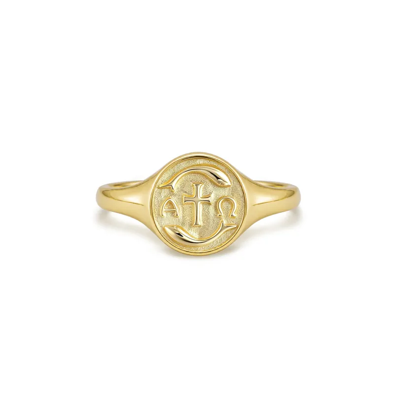 Gold Vermeil Alpha Omega Ichthys Signet Ring made by Vanimy Jewelry