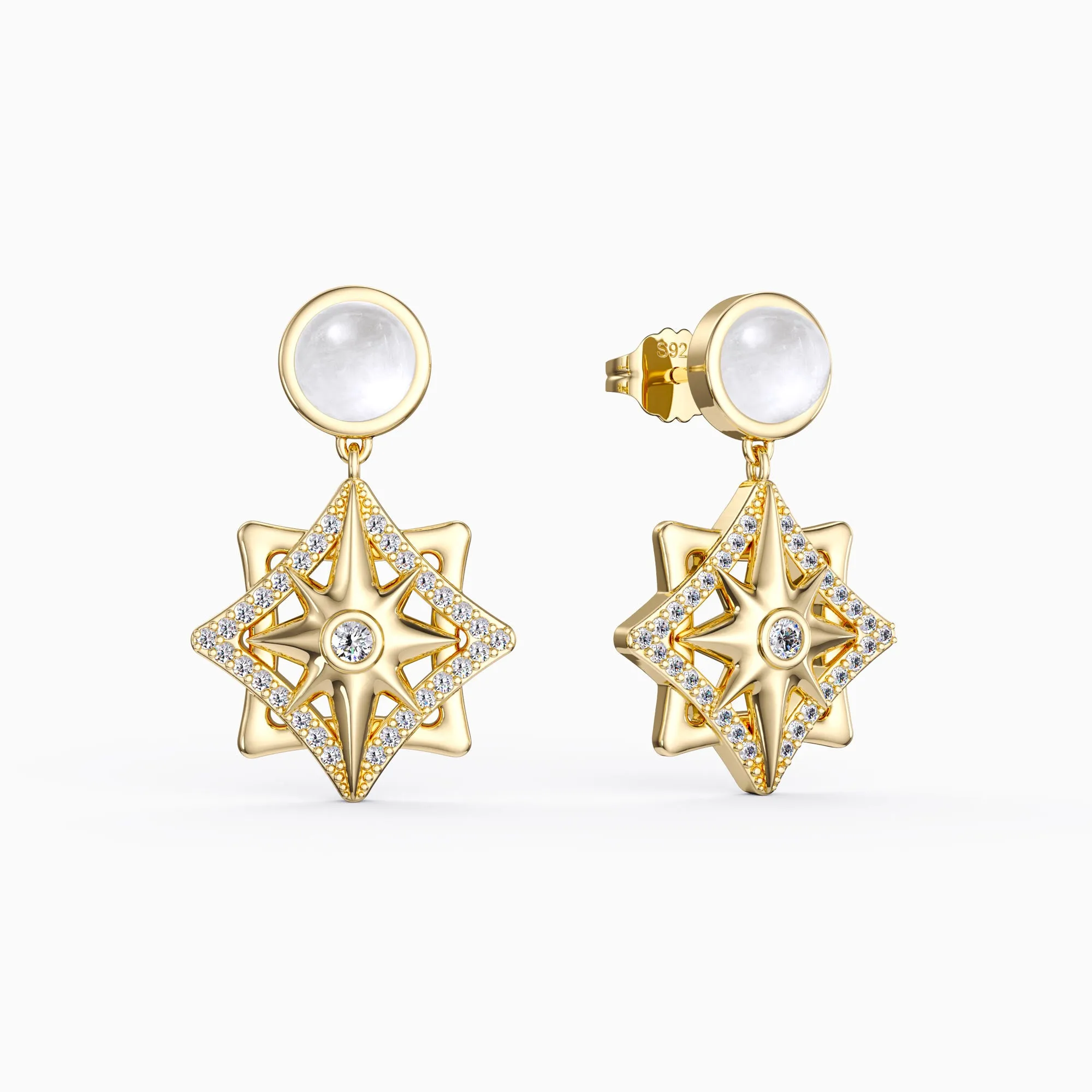 Pave North Star with Moonstone Drop Earrings sold by Vanimy Jewelry