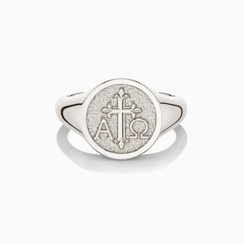 Personalized Alpha Omega Cross Signet Ring sold by Vanimy Jewelry