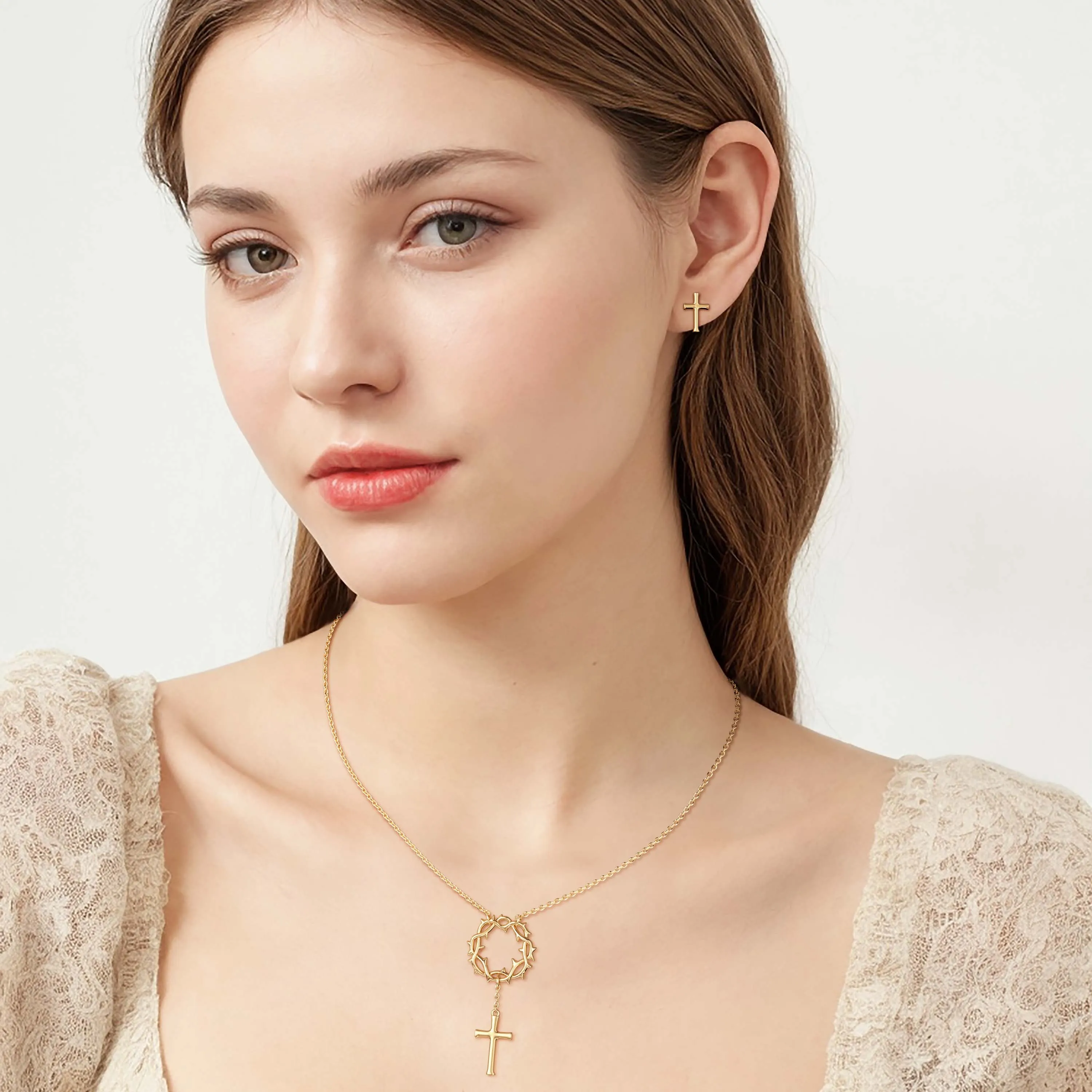 Crown of Thorns Cross Stud Earrings sold by Vanimy Jewelry product image thumbnail 3