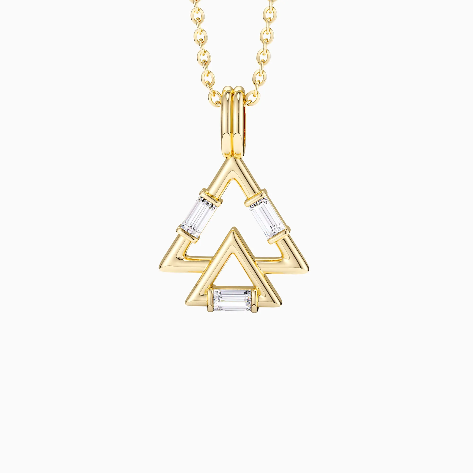 Trinity Triangle Duo Charm Baguette Stone Pendant Necklace sold by Vanimy Jewelry