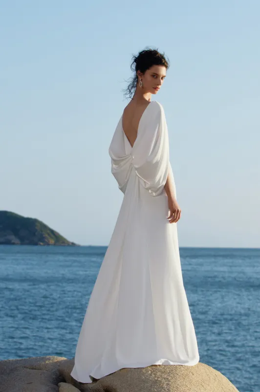 Elegant Low Back Couture Draped Cape Evening Gown sold by BABEYOND