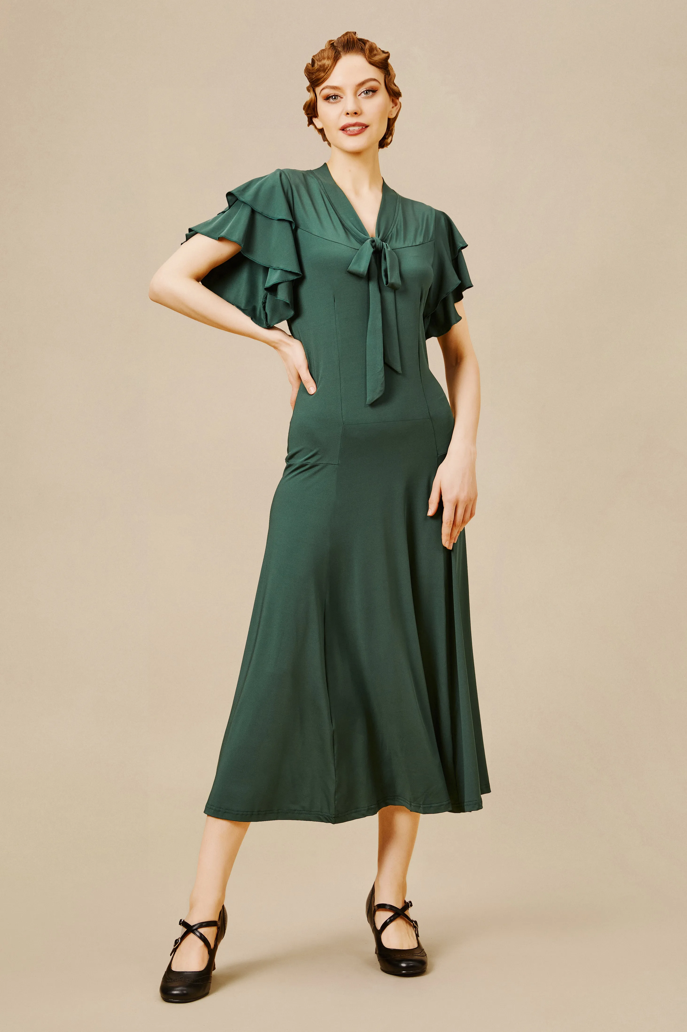 Retro Tie Neck Midi Ruffle Dress sold by BABEYOND