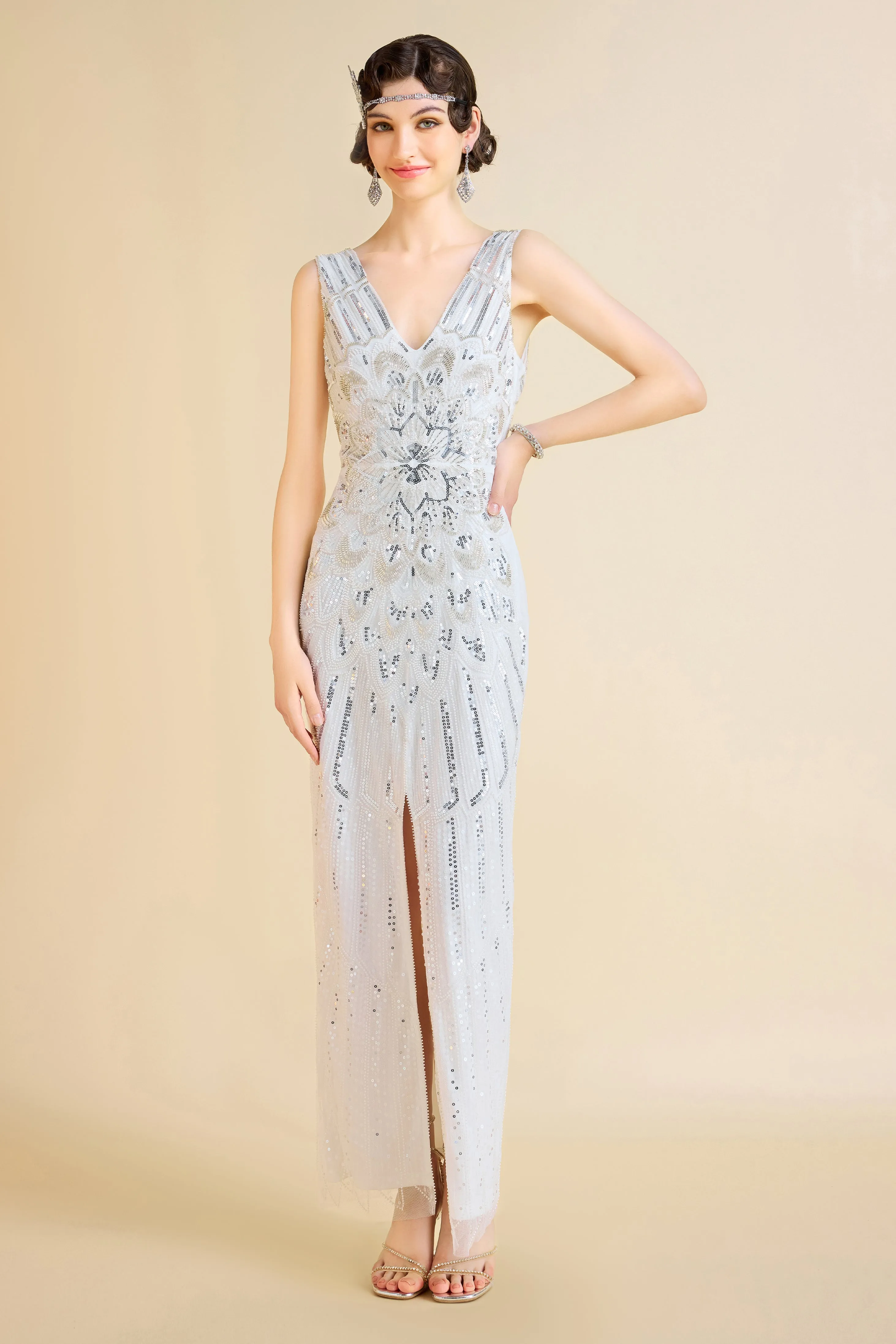 Glamorous Peacock Sequin Slit Evening Gown sold by BABEYOND