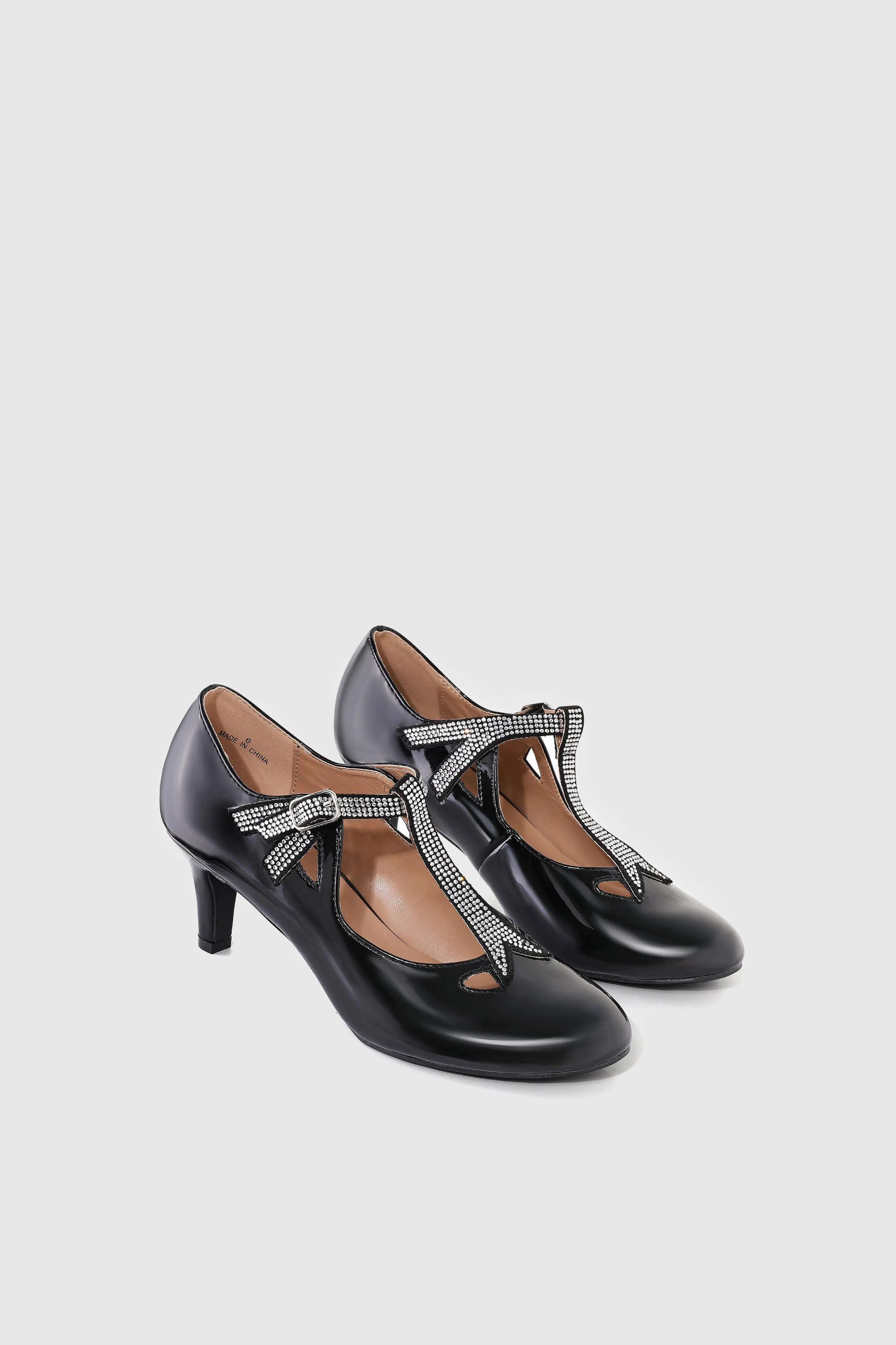 Closed Toe T-Strap Rhinestone Pumps sold by BABEYOND