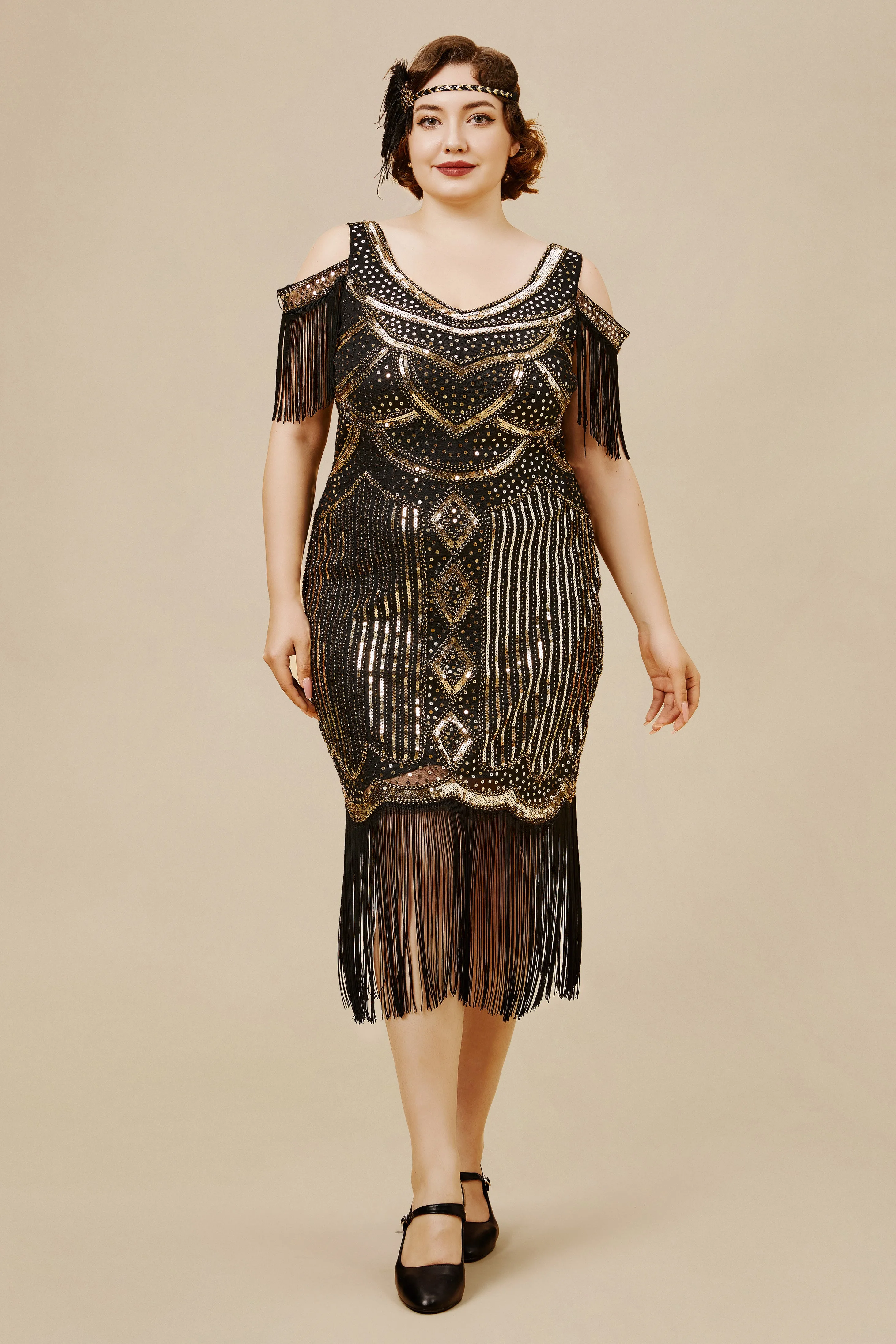 Beaded Off Shoulder Flapper Plus Size Dress sold by BABEYOND