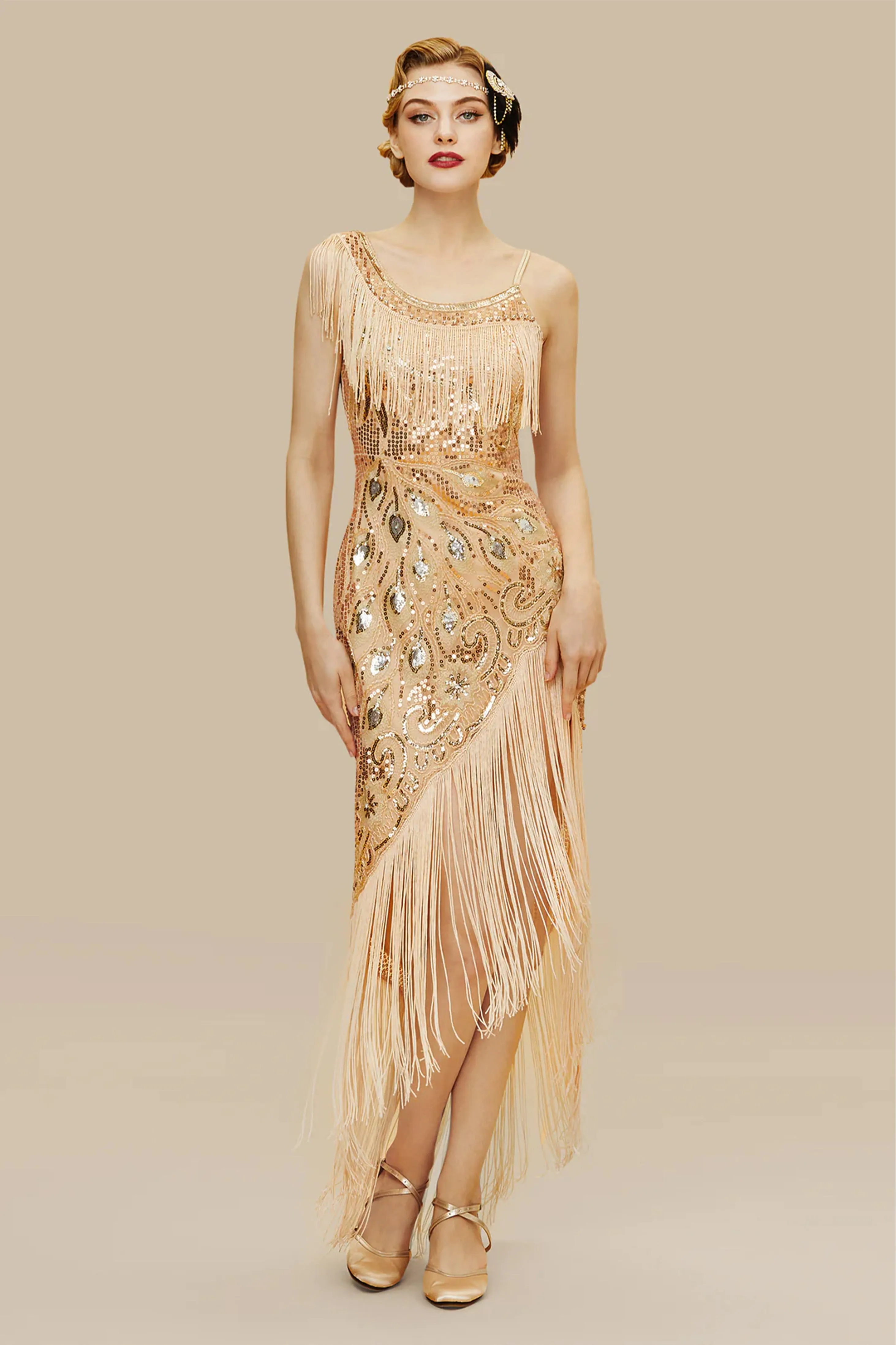 One Shoulder Strap Fringe Midi Dress sold by BABEYOND