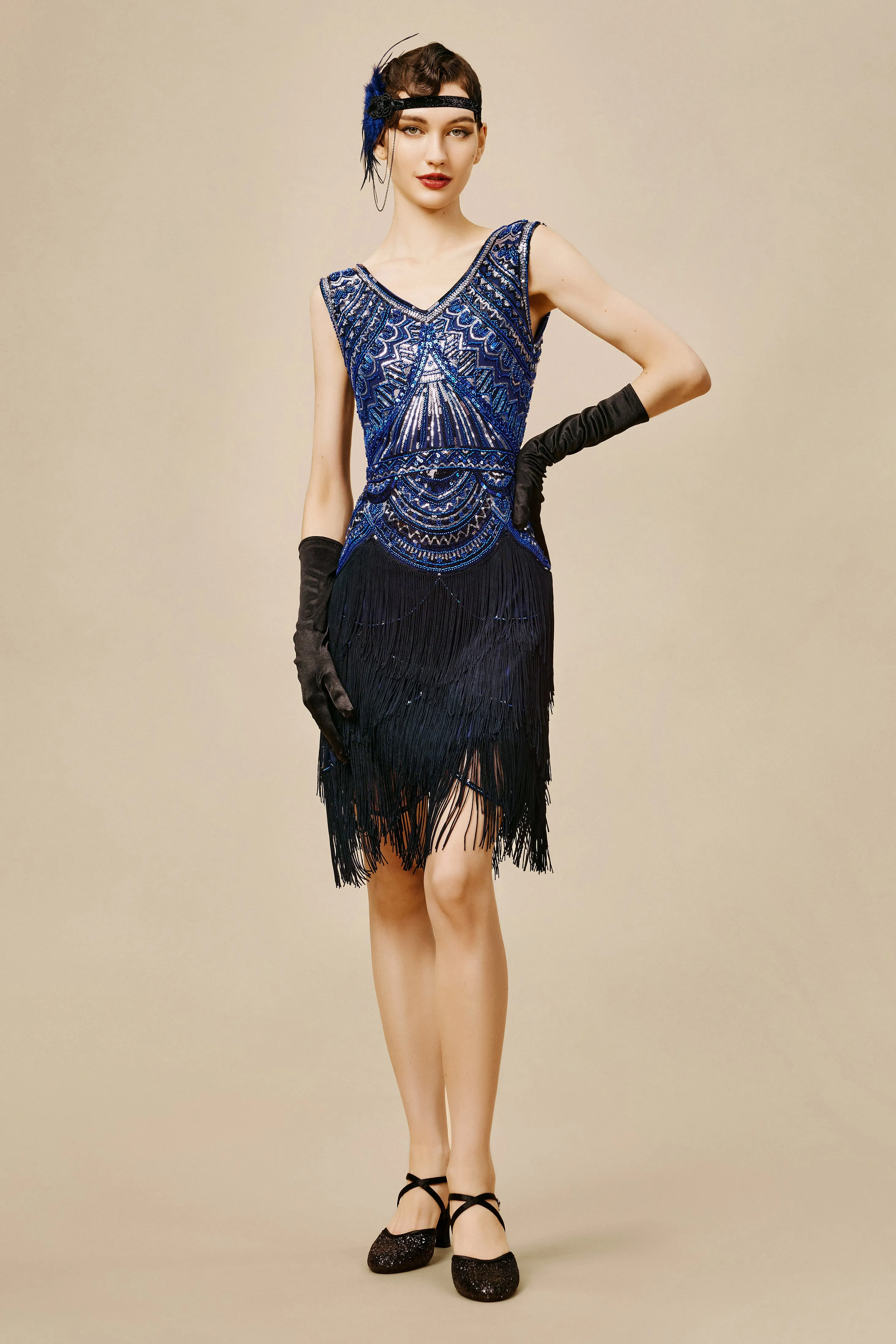 Sophisticated V-neck Sequin Fringe Dress sold by BABEYOND