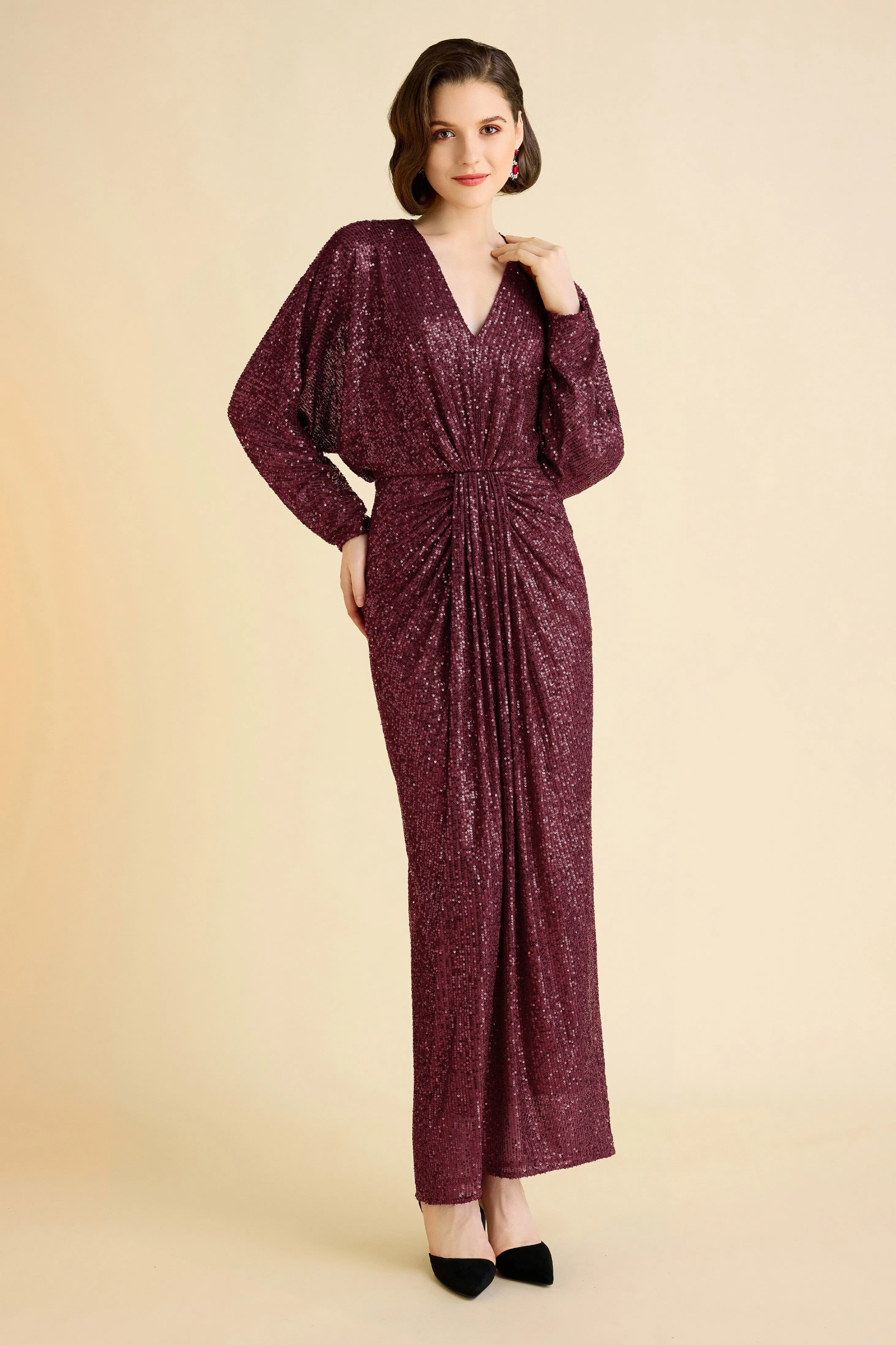 Shimmering Ruched Sequin Evening Gown sold by BABEYOND