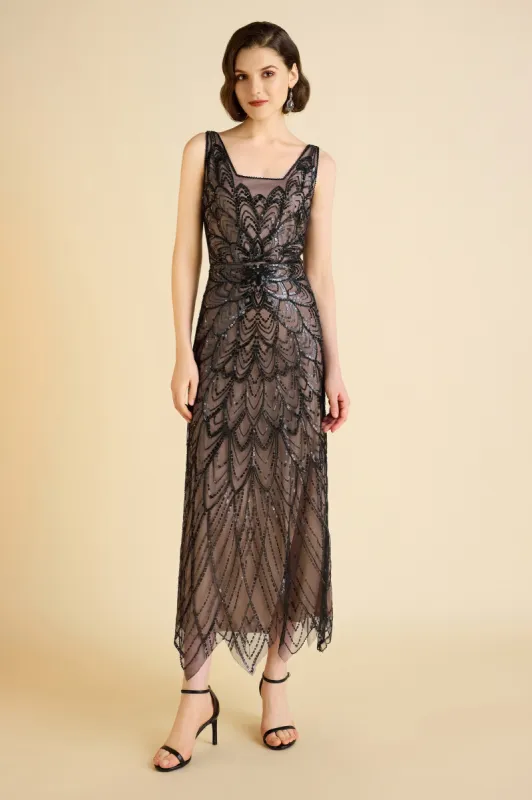 Symmetrical Floral Sequin-Accented Evening Gown sold by BABEYOND