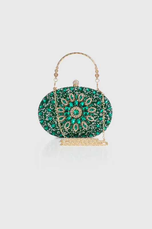 Elegant Emerald Jeweled Oval Clutch sold by BABEYOND