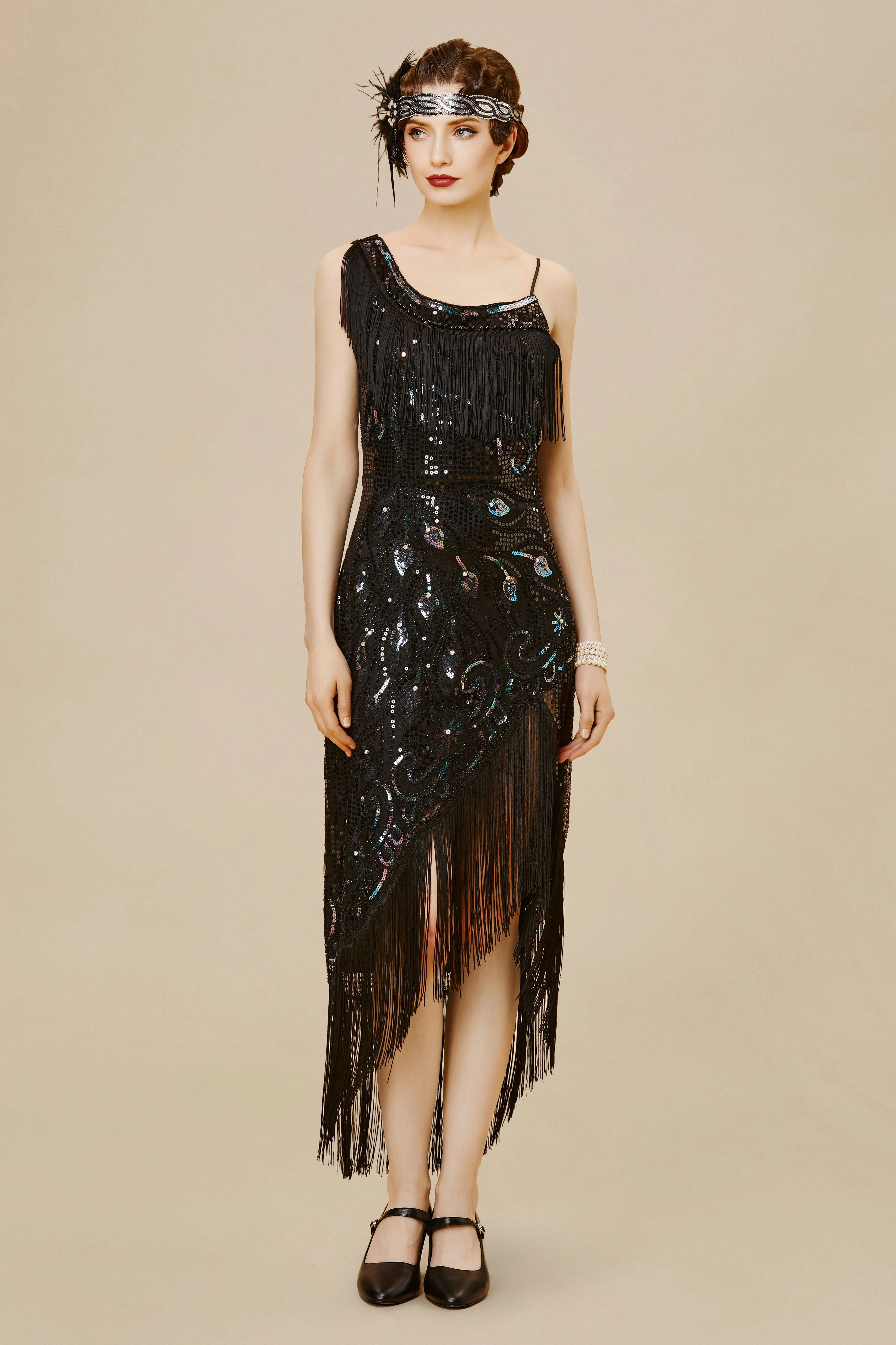 1920s One Shoulder Strap Fringe Midi Dress sold by BABEYOND