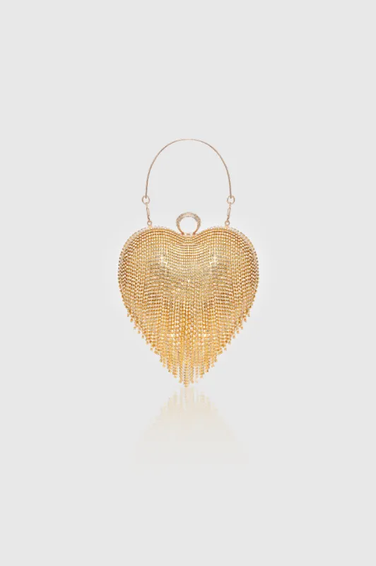 Heart Shape Rhinestone Tassel Clutch sold by BABEYOND