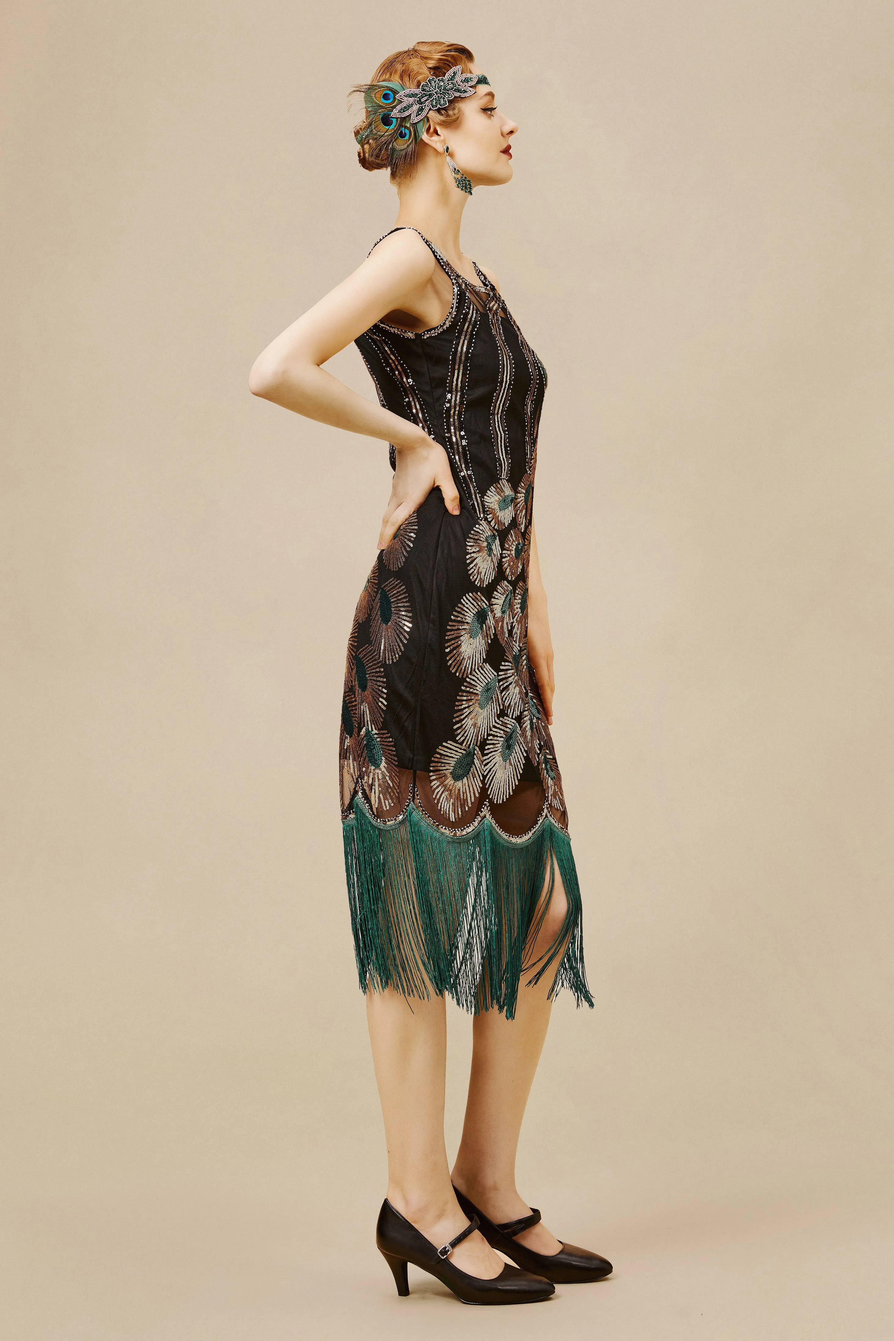 1920s Glitter Sequin Peacock Scoop Neck Dress sold by BABEYOND product image thumbnail 3
