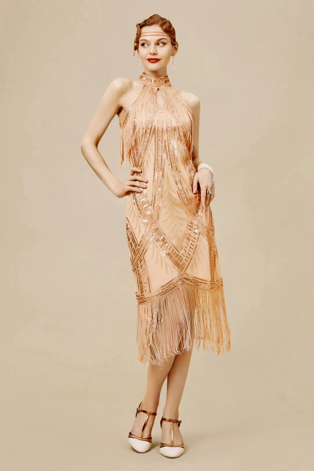Cutout Crew Neck Fringe Flapper Dress sold by BABEYOND
