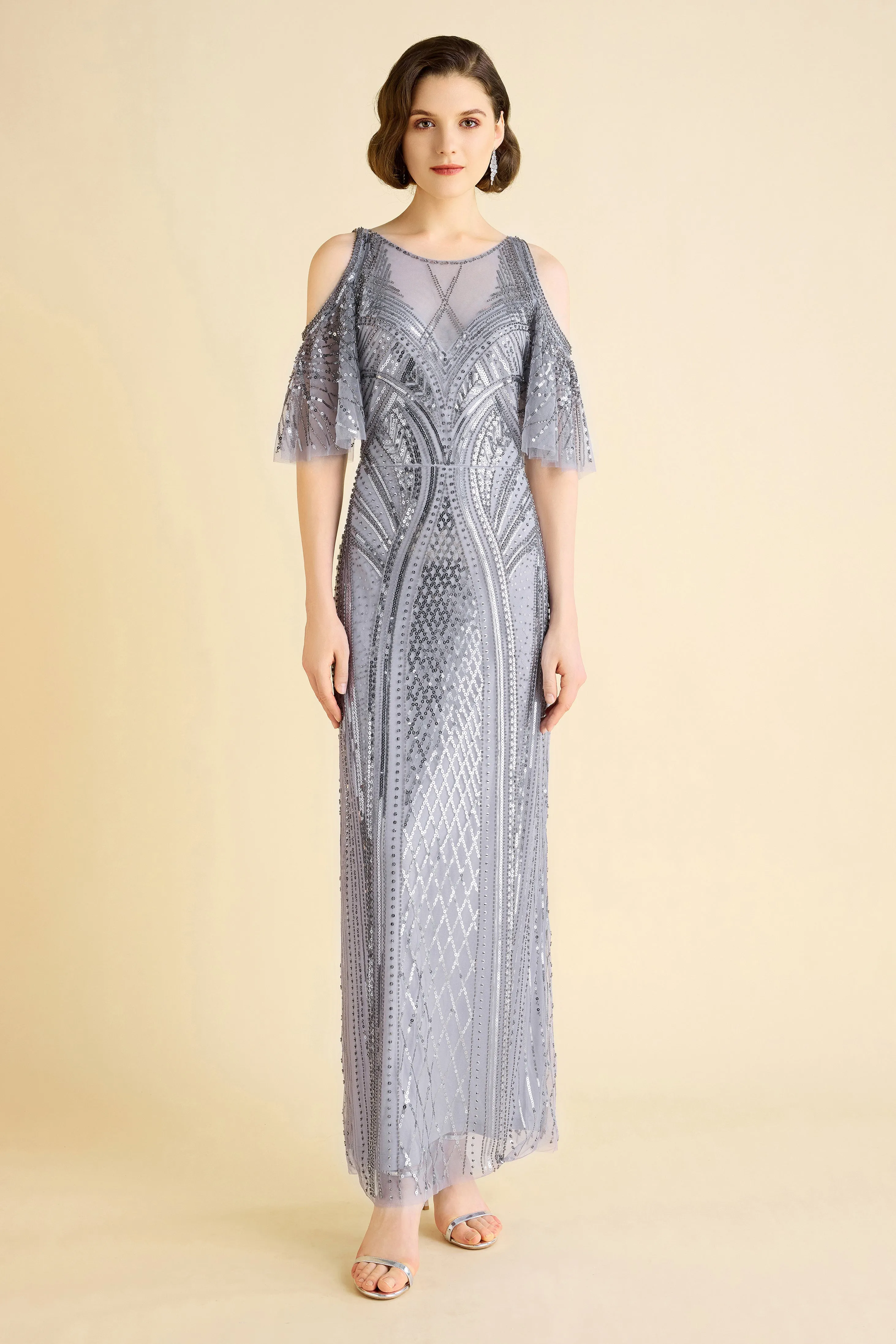 Glamorous Cold-Shoulder Beaded Evening Gown sold by BABEYOND