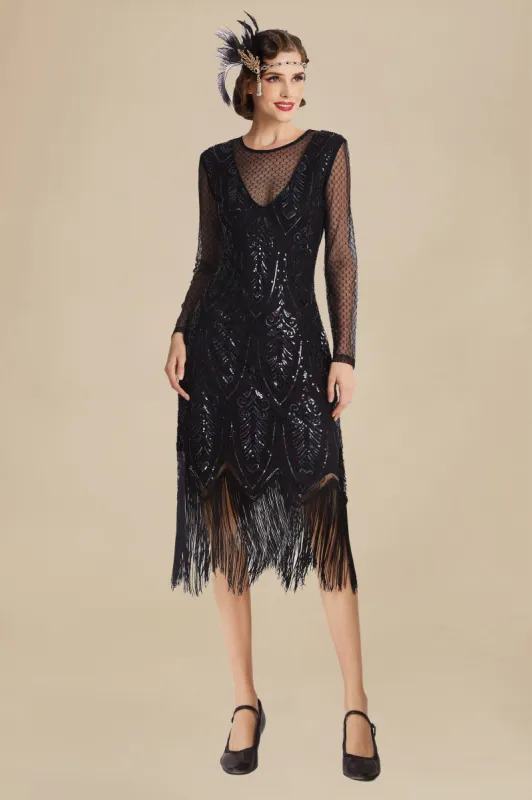 Elegant Sheer Sleeve Sequin Fringe Flapper Dress sold by BABEYOND