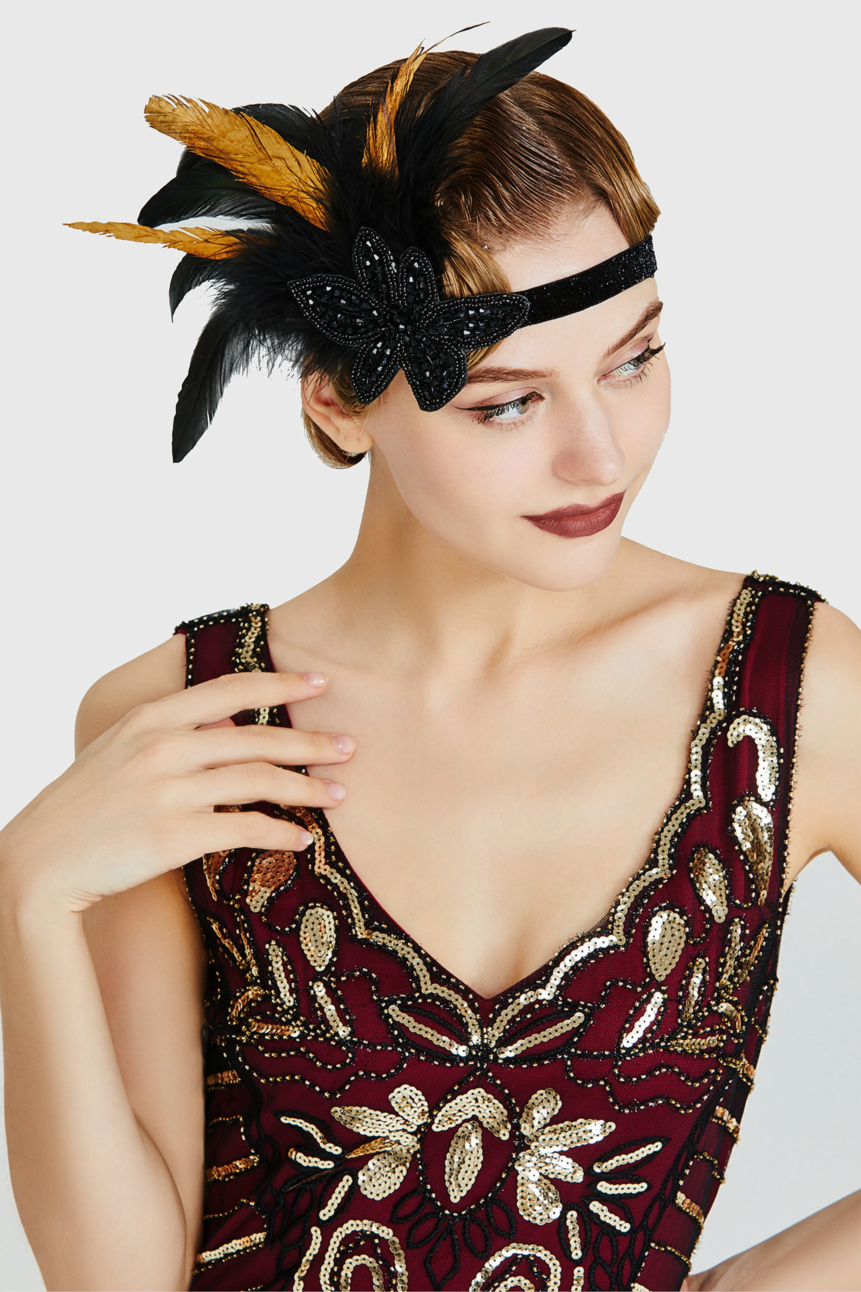 Elegant Two-Toned Beaded Feather Headband sold by BABEYOND product image thumbnail 5