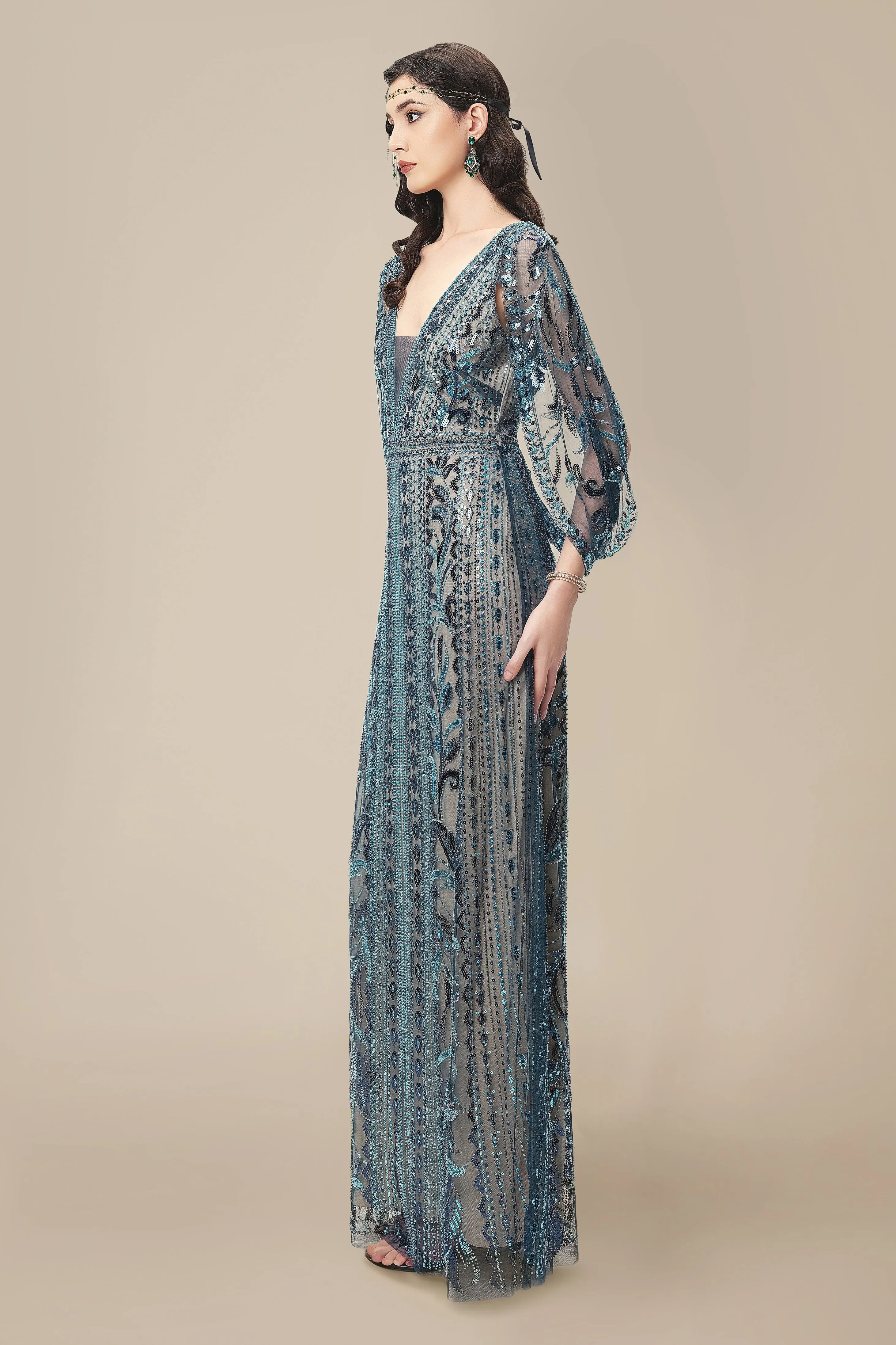Glittering Sheer-Sleeve Sequined Evening Gown sold by BABEYOND product image thumbnail 3