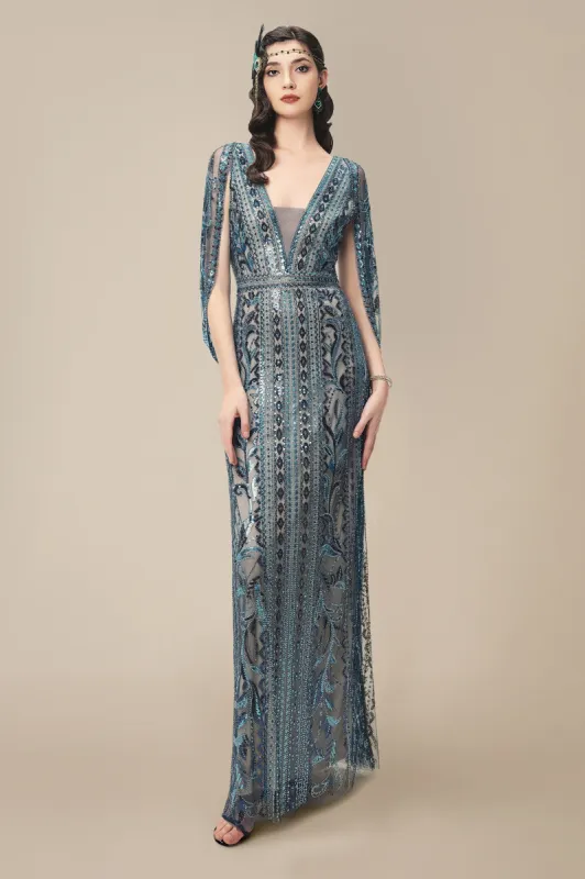 Glittering Sheer-Sleeve Sequined Evening Gown sold by BABEYOND