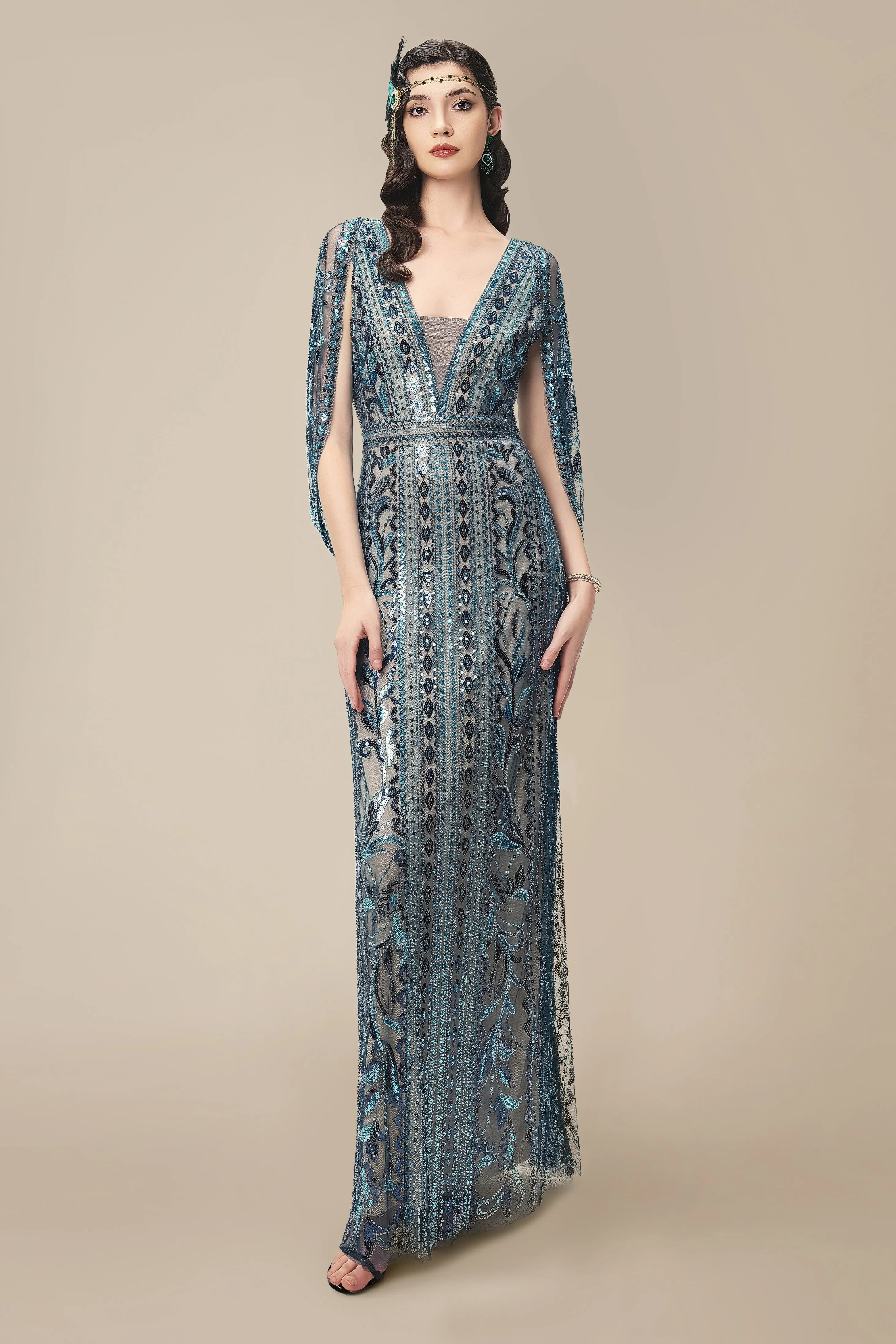 Glittering Sheer-Sleeve Sequined Evening Gown sold by BABEYOND