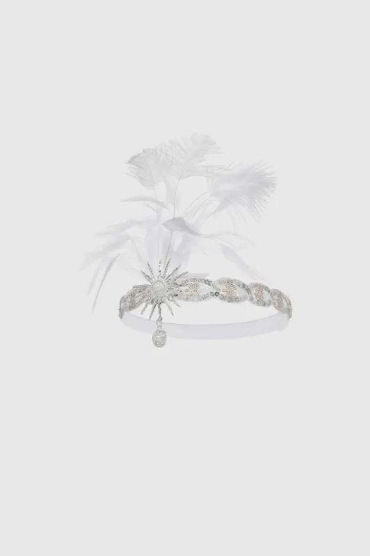 Pearl Studded Sequin Feather Headpiece sold by BABEYOND