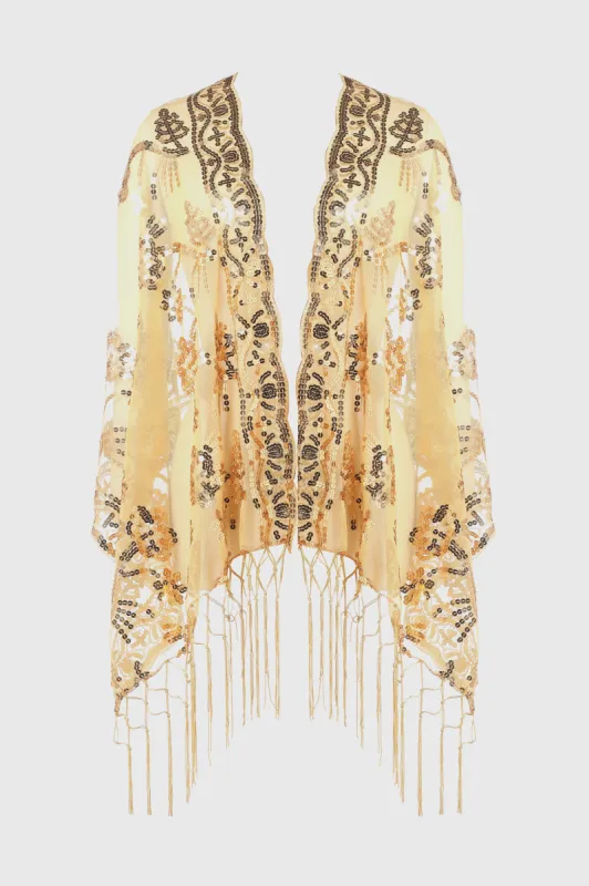 1920s Beaded Sequin Floral Tassel Shawl sold by BABEYOND