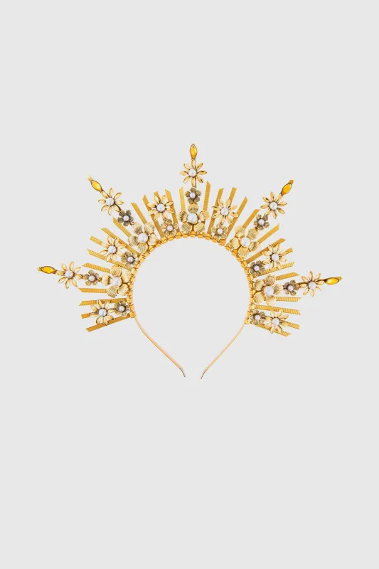 Floral Pearl Sunburst Mary Halo Crown sold by BABEYOND