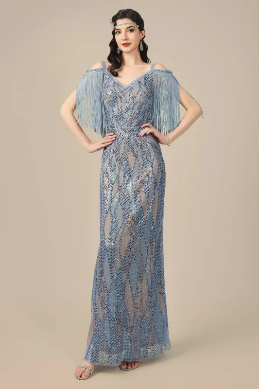 Beaded Wave Pattern Fringe Evening Gown sold by BABEYOND