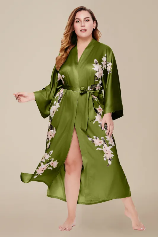 Plus-Size Floral Satin Kimono Robe sold by BABEYOND