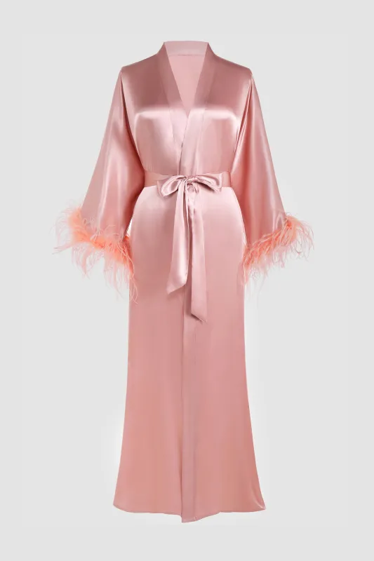 Ostrich Feather Trim Satin Robe sold by BABEYOND