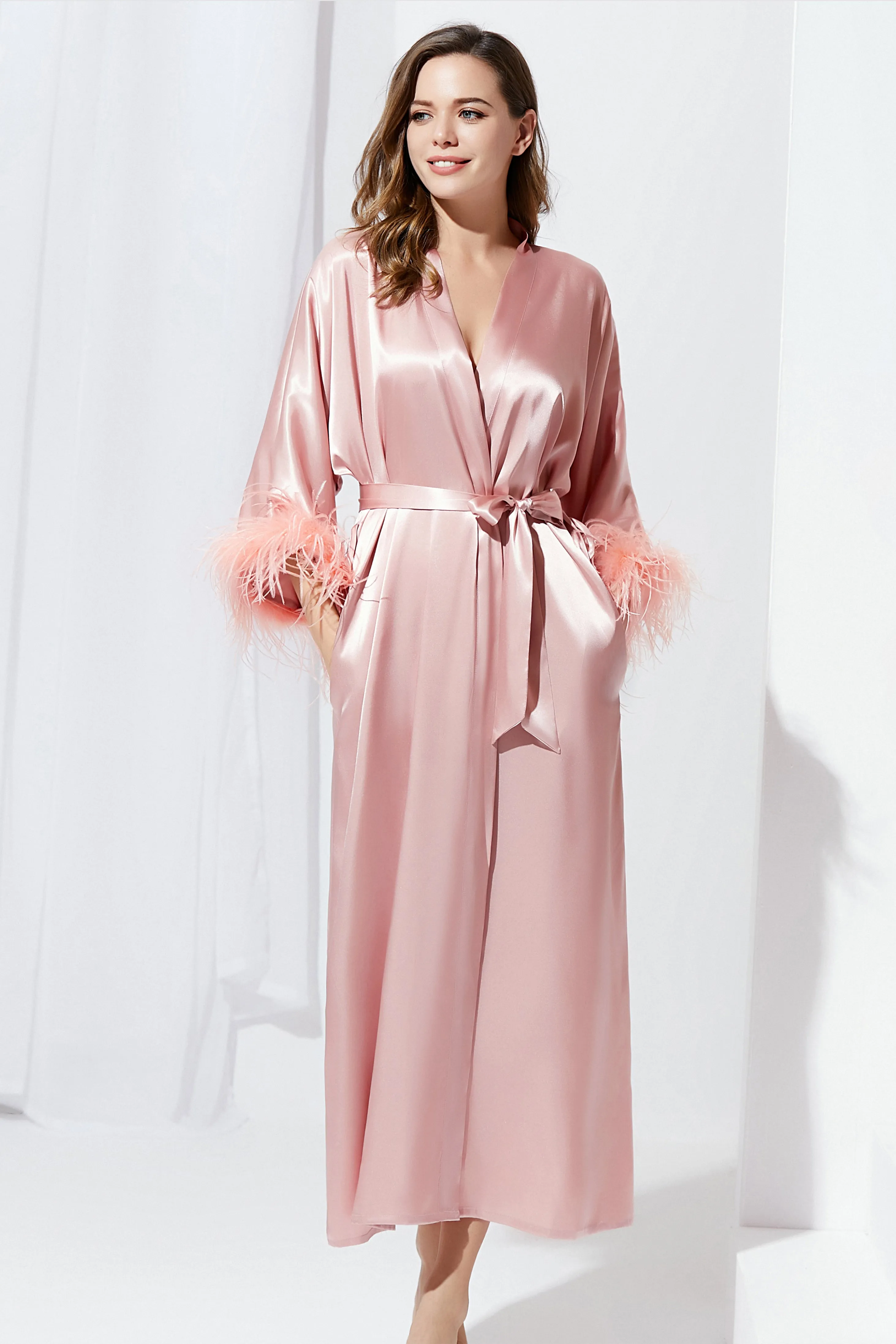 Ostrich Feather Trim Satin Robe sold by BABEYOND product image thumbnail 2