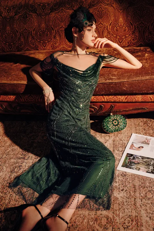 Emerald Beaded Chain-Detail Evening Gown sold by BABEYOND