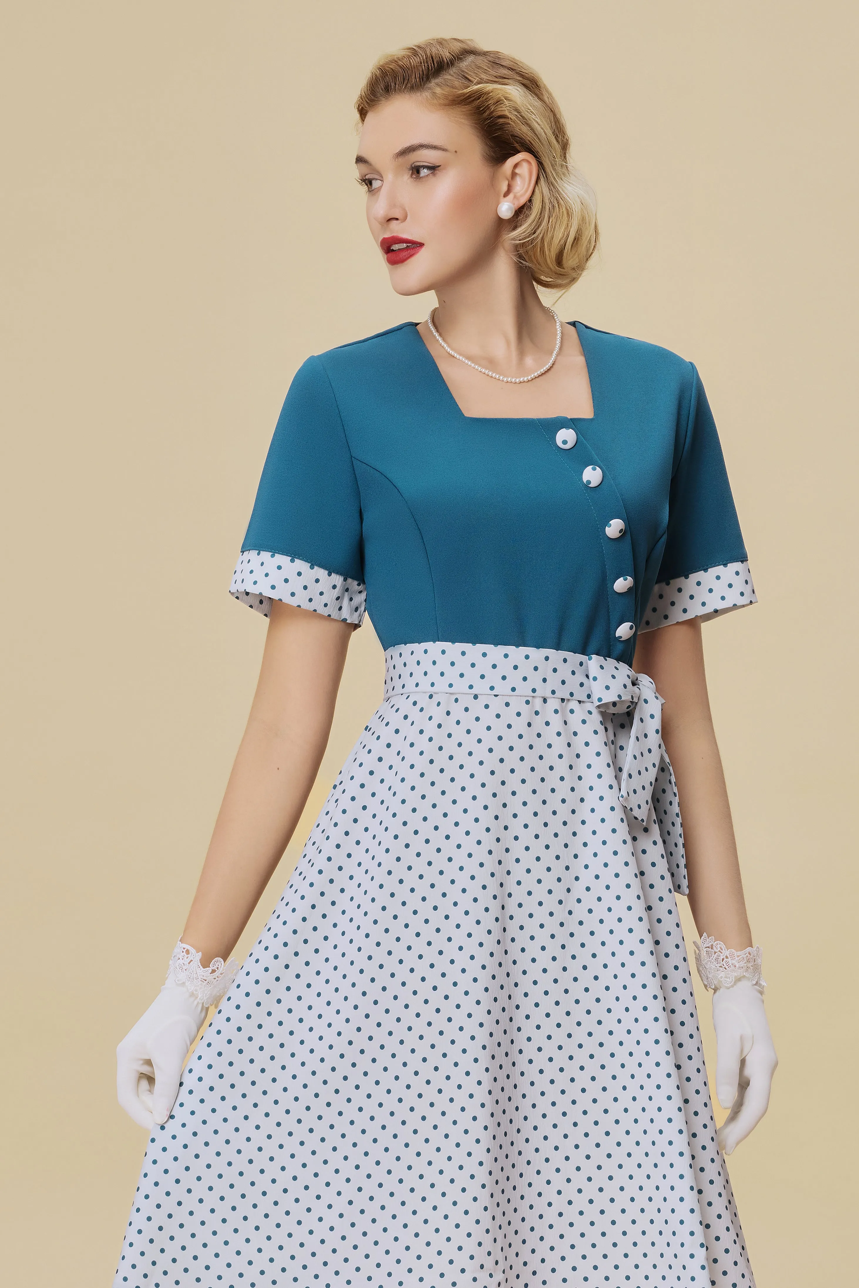 Retro Teal Bodice and Polka Dot Swing Dress sold by BABEYOND product image thumbnail 5
