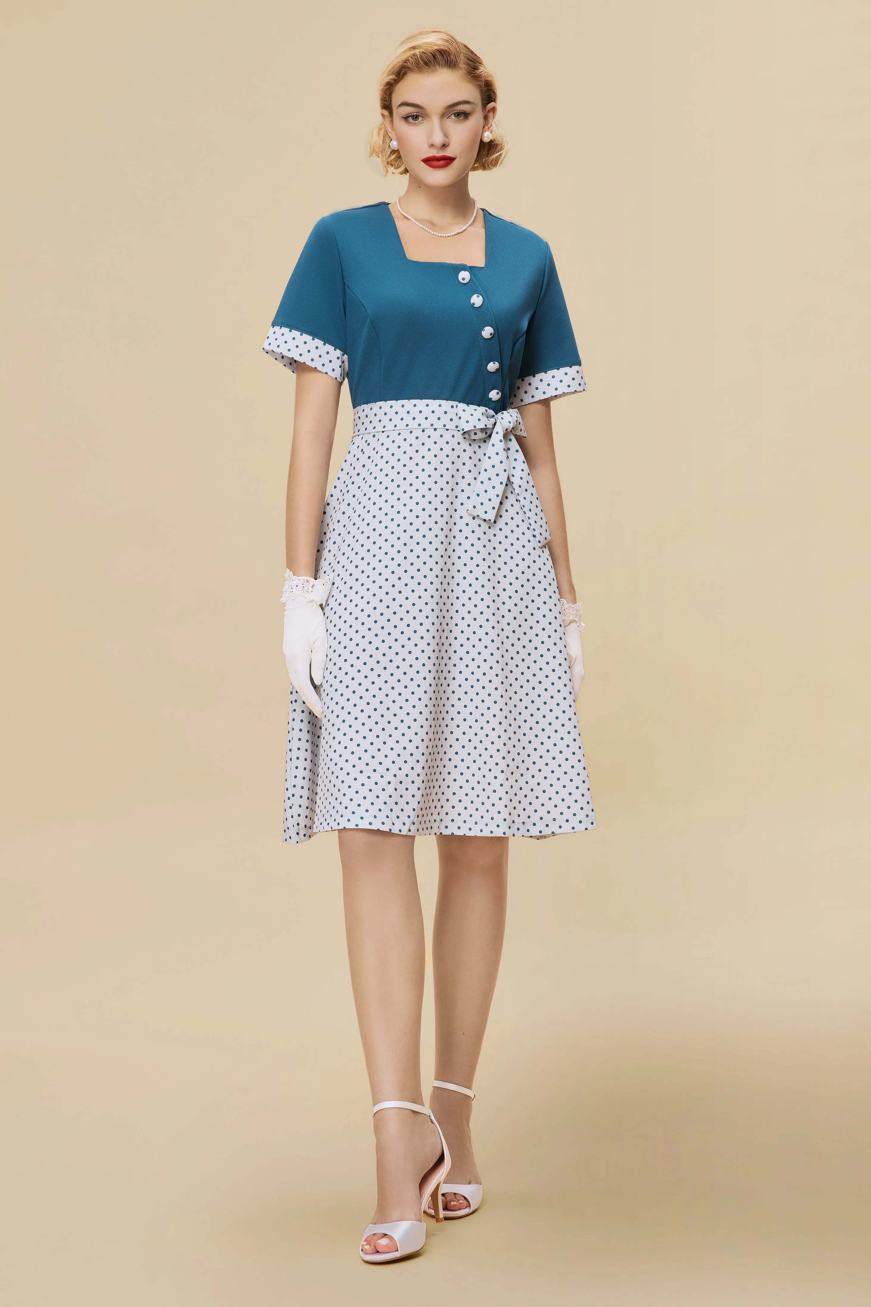 Retro Teal Bodice and Polka Dot Swing Dress sold by BABEYOND