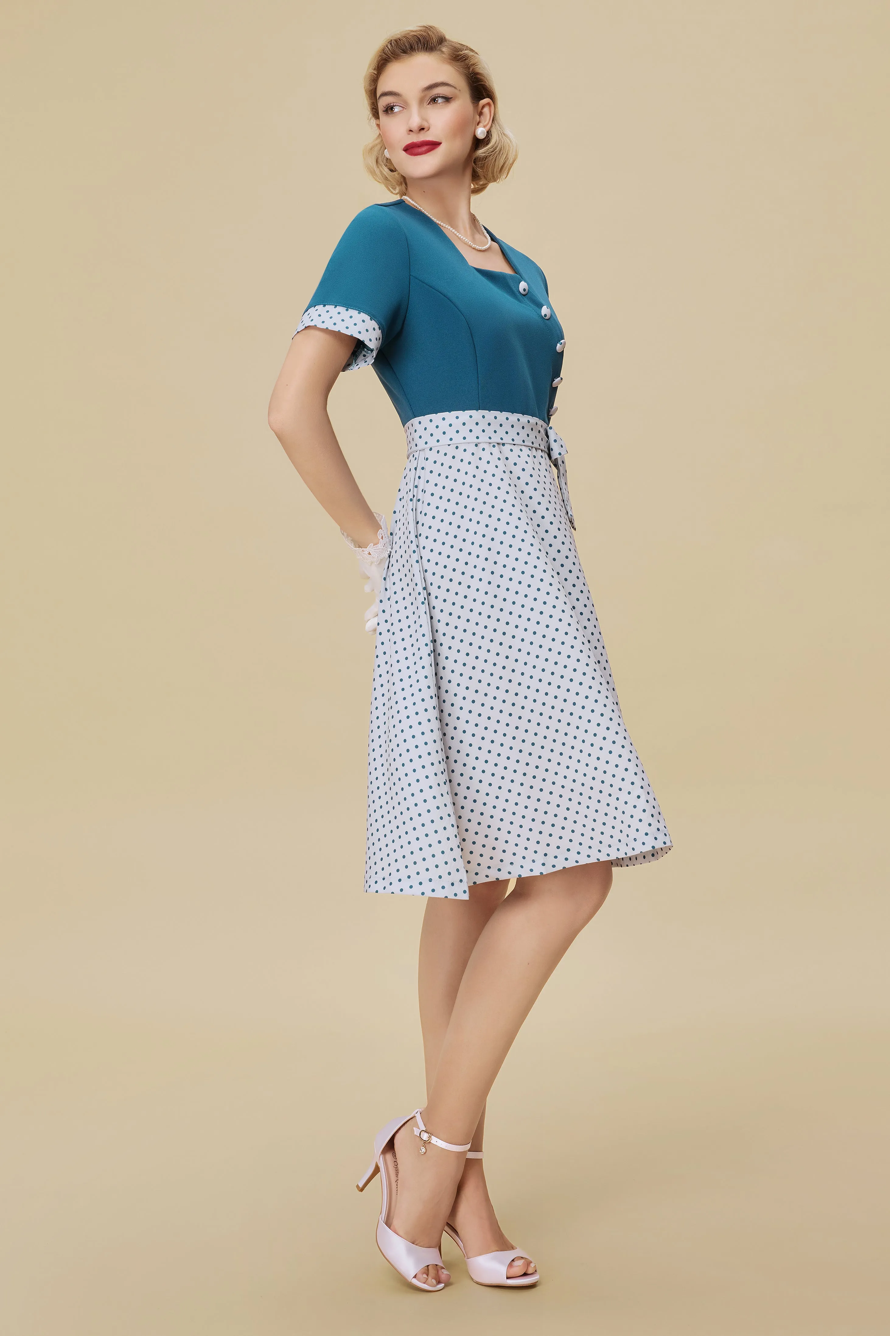Retro Teal Bodice and Polka Dot Swing Dress sold by BABEYOND product image thumbnail 3