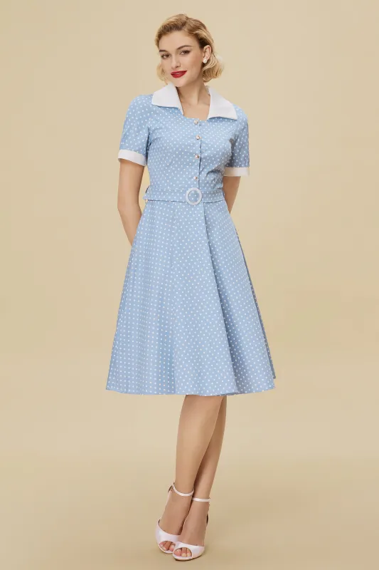 Vintage Blue Polka Dot Belted Swing Dress sold by BABEYOND