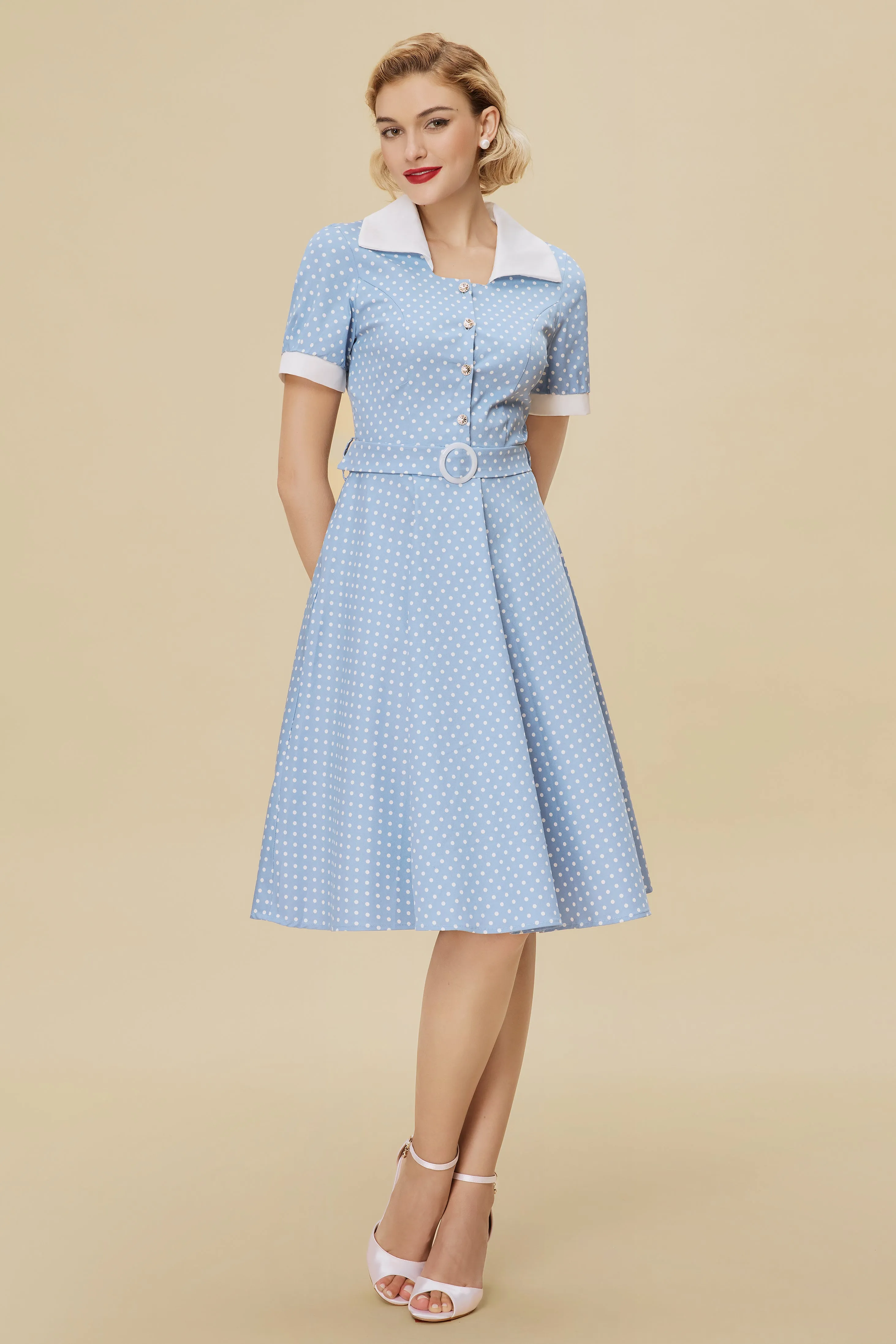 Vintage Blue Polka Dot Belted Swing Dress sold by BABEYOND